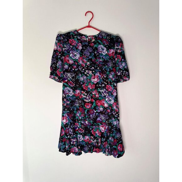 80s vintage purple bold retro floral print ruffled short puff sleeves mini dress - Picture 8 of 9